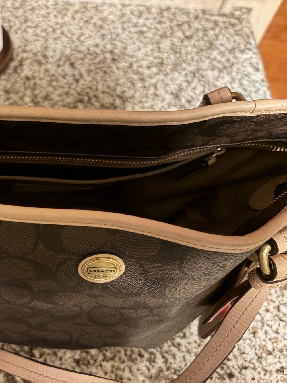 Coach Brown Signature Shoulder Bag with Beige Trim